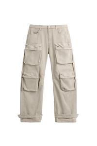 Pantalon cargo ample en denim de coton délavé coupe décontractée, style empilé, 8 poches, pour homme, type charpentier - Product Image 4