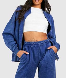 Ensemble de survêtement pour femme en coton 100% écologique, lourd, avec fermeture éclair, style streetwear d'hiver, lavage à l'acide, broderie délavée, patch - Product Image 4