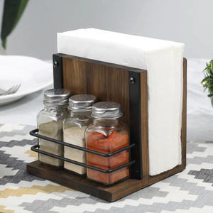 Porte-serviettes de table en bois 3 pièces décor rustique de qualité supérieure avec salière poivrière ensemble organisateur de condiments en verre matériau métallique - Product Image 3