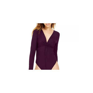 Body da donna Bar III bordeaux a maniche lunghe con scollo a V, taglia L, sexy, intero, in nylon con motivo traforato, per abbigliamento casual e da festa - Product Image 2