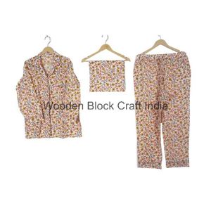 Ensemble pyjama 3 pièces pour femmes en coton respirant avec dentelle, boutons et imprimé floral pour toutes les saisons - Product Image 5