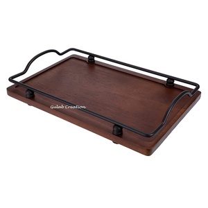 Bandeja Rectangular rústica moderna para servir, bandeja de madera hecha a mano con mango de Metal para cocina, comedor y decoración del hogar - Product Image 1