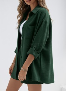 2025 Loose Spring Fashion Solid Color Lapel Long Sleeve <b>Shirt</b> Elastic High Waist Shorts Women's Casual Suit Women's <b>Shirt</b> - Product Image 5
