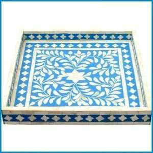 Plateau carré en bois fait à la main avec conception d'incrustation d'os de fantaisie taille personnalisée de haute qualité pour le service à la maison de cuisine - Product Image 4