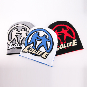 Custom Logo Unisex Acrylic Reversible Knitted Beanie <b>Hat</b> Jacquard Winter Skull Beanies With Custom logo - Product Image 4