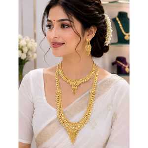 Parure de bijoux de mariage plaquée or en alliage de cuivre, style Inde du Sud, comprenant un long collier et des boucles d'oreilles, pour mariée - Product Image 2