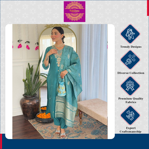 Colección de moda de la mejor calidad Ropa India Hermosa secuencia Bordado Trabajo Viscosa Chanderi Kurti Pant Dupatta Set - Product Image 6