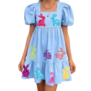 Hot selling <b>Casual</b> Easter <b>Dress</b> Cute Colorful Bunnies Sequin Patches Themed Women Girls Square neck Tiered Puff sleeves <b>dress</b> - Product Image 1