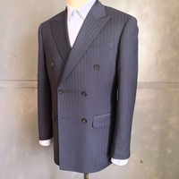 Costume homme bleu marine à rayures fines, double boutonnage, six boutons, revers pointus, poches à rabat, costumes d'affaires pour homme, sur mesure