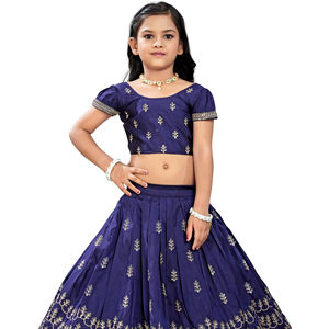 Shoryam Fashion Robe traditionnelle indienne pour enfants, imprimé bleu métallisé, Lehenga longueur ras du sol, Choli à manches bouffantes, tenue de fête pour filles - Product Image 1