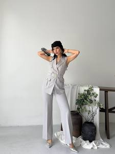 Elegant Women's Sleeveless <b>Blazer</b> Vest With Wide Leg Trousers <b>Set</b> Solid Gray V-Neck Button Front Satin Suit Regular Fit Wear - Product Image 3