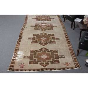 Vintage <b>Brown</b> Beige <b>Wool</b> Rug 5.7 X 12.6 ft Handmade Classic Turkish Rectangle Patchwork Design Latex Bedside Rugs for Teens - Product Image 1