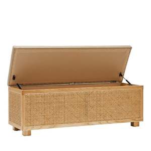 Lyodra Simple Long <b>Storage</b> <b>Bench</b> Made of Solid Teak Wood Frame and Woven Rattan <b>with</b> Gray Padding and Natural Finish for Indoor. - Product Image 3
