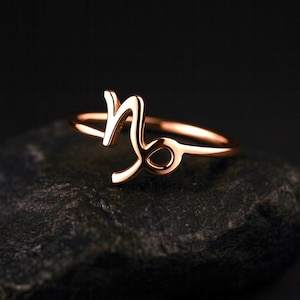Bague du signe du Capricorne en argent sterling 925 plaqué or rose 14 carats, faite à la main, signe du zodiaque, bande réglable, minimaliste, astrologie - Product Image 5