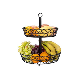 Iron Wired Fruit <b>Basket</b> 2 Tier Fruit Bowls Traditional <b>Metal</b> Fruit <b>Basket</b> With Black Powder Coating for Home <b>Storage</b> - Product Image 1
