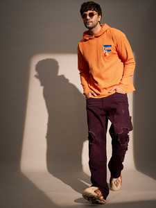 Textured <b>Thermal</b> Cotton 350gsm Orange Waffle Raw Edge Monogram Hoodie Drop Shoulder Bulk Streetwear with Ribbed Cuffs and Hood - Product Image 5