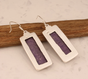 Pendientes de charoita de estilo clásico de Plata de Ley 925 para mujer, barra rectangular hecha a mano, piedras preciosas, joyería de boda para dama de honor - Product Image 6