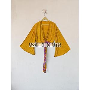 เสื้อครอปผ้าไหมแท้ทอพิมพ์ลายดอกไม้สำหรับผู้หญิงเสื้อครอปแขนยาวทรงกระดิ่งคอวีลึกทำด้วยมือแฟชั่นวินเทจไซส์ฟรีไซส์ - Product Image 2