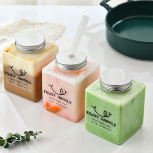 Botella de bebida de plástico de forma cuadrada PET lista para enviar con varios tamaños con tapa de aluminio con orificio de paja Fábrica de Vietnam - Product Image 4