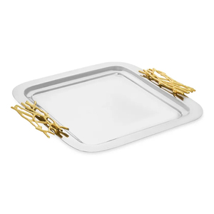 Luxury Silver Square Metal Serving Tray Gold Branch Handle Decorative Plate for Dessert Snack Home Hotel <b>Table</b> Decoration - Product Image 1