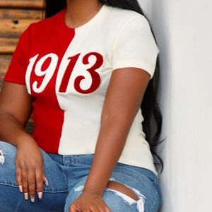 Mezza metà 1913 DST ciniglia ricamata T-Shirt in cotone Premium abito da confraternita Delta abbigliamento greco T-Shirt rossa bianca bicolore - Product Image 3