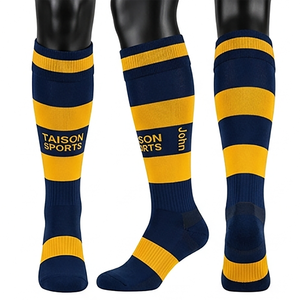 Premium Men Rugby <b>Socks</b> GSM Breathable Cotton Polyester Blend Knit Red Yellow Black Geometric Panel Design Custom Logo Jacquard - Product Image 5