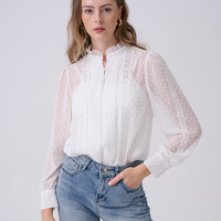 Blus Wanita Elegan Bahan Chiffon Kasual untuk Kantor, Lengan Panjang, Bordir, Model Kerah Mock Neck, Warna Putih, Tahun 2026