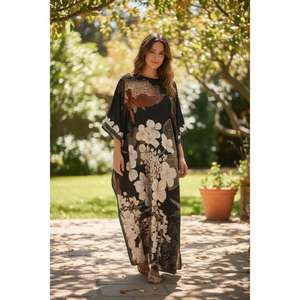 Robe de plage élégante et écologique pour femmes, à imprimé floral, de luxe, kaftan, longueur au sol, coupe ample, manches évasées - Product Image 3