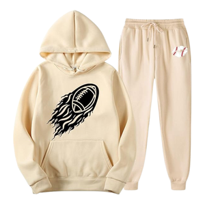 Conjunto Deportivo Beige Estampado con Gráfico de Fútbol, Sudadera con Capucha y Pantalones Jogger de Felpa de Algodón, Ropa Deportiva Masculina para Invierno, Estilo Urbano, Uso Diario, Moda - Product Image 1