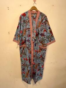 Bata Kimono de Algodón con Estampado de Pájaros, Estilo Boho, Vestido Largo - Product Image 6