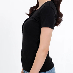 Wholesale Customizable <b>Women's</b> Solid <b>Black</b> Breathable Cotton-Blend Knitted <b>Tops</b> Short Sleeve Henley <b>Top</b> Button Decoration Casual - Product Image 4