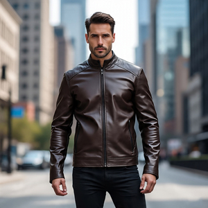 แจ็กเก็ตหนัง PU สำหรับผู้ชายเสื้อแจ็กเก็ตหนังมอเตอร์ไซค์เสื้อโค้ทหนัง PU แบบย้อนยุคมีกระเป๋าหน้าอก OEM - Product Image 4