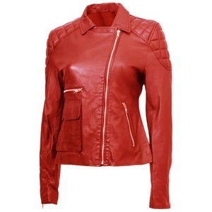 Blouson de motard en cuir véritable pour femme, automne/hiver, coupe-vent, écologique, détail boutonné, nouveau design - Product Image 1
