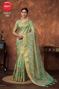 Saree en lin de créateur abricot léger élégant et élégant, parfait pour les fêtes et les mariages - Product Image 6