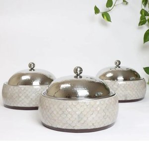 Mother of Pearl Silver Hot Pot MDF & Steel Base <b>With</b> <b>Lid</b> Food Warmer Hot Pots for Dining Table Food Server <b>Casserole</b> - Product Image 3
