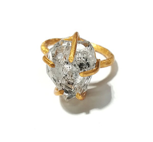 Natural Raw Herkimer Diamond Ring 925 Sterling Silver Gold Plated Luxury Prong Setting Unisex Gift Ring - Product Image 1