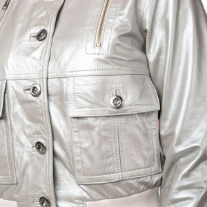 2025 chaqueta de cuero de piel de cordero de Color plateado con botones para mujer, camisa informal, chaqueta de cuero de manga larga para mujer con bolsillo de busto - Product Image 6