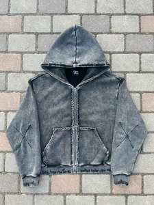 Sweat à capuche zippé pour homme, 100 % coton brodé, coupe courte et ample à épaules tombantes, grammage lourd, style urbain, anti-rétrécissement - Product Image 5