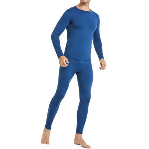 Conjunto de Calzoncillos largos térmicos con forro polar para hombre, conjunto de Calzoncillos largos de cuello redondo de Color azul sólido transpirable para uso en invierno - Product Image 1