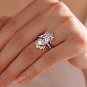 Bague de fiançailles tendance en moissanite taille ovale motif soleil, alliance de mariage incurvée en grappe de marquises, en argent sterling 925, cadeaux pour la fête nuptiale - Product Image 4