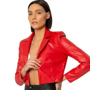 Women's Cropped Blazer In Genuine Leather Color Red 7 C Fashion Outfit