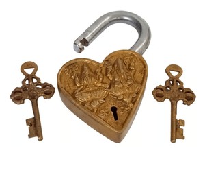 Candado de latón antiguo hecho a mano en forma de corazón Ganesha Lakshmi diseño único estilo Vintage coleccionable decoración del hogar y seguridad - Product Image 6