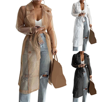 Chemises élégantes Trench Coat transparent à lacets Printemps solide Sheer Mesh Manteau boutonné à manches longues avec ceinture Disponible en cuir