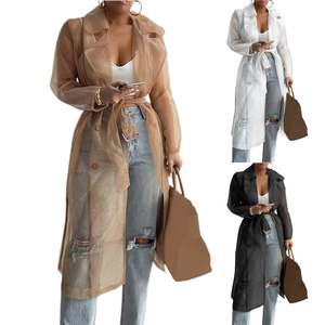 Camisas elegantes Gabardina Ver a través de encaje hasta primavera Sólido Malla transparente Abrigo abotonado de manga larga con cinturón Disponible en cuero - Product Image 5