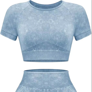 Conjuntos de entrenamiento para mujer, 2 piezas, sin costuras, lavado con ácido, trajes de yoga, pantalones cortos y Top corto a juego, conjunto de ropa atlética para gimnasio - Product Image 1