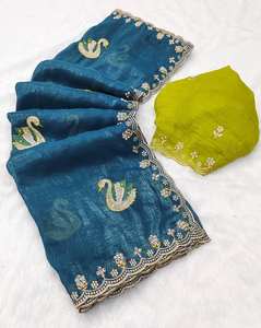 Saree de seda de gasa pura India estilo Bollywood con borde de encaje bordado y pieza de blusa, Sari de fiesta. - Product Image 1