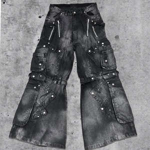 2026 <b>Mens</b> Heavyweight Black Low-Rise Cargo Jeans Custom Wide Leg Streetwear Hip-Hop Style Embroidery & Solid Color - Product Image 1