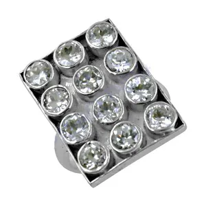 Rhodium Plated 925 <b>Silver</b> Cluster <b>Ring</b> With Round Crystal Pave Setting Geometric Design Unisex Classic Style - Product Image 1