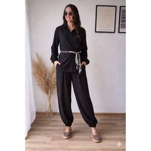 Mybeefashion Women's Elegant Black Belt Detail Two-Piece Set with Long Sleeve Shirt and Full Length <b>Trousers</b> for Casual or - Product Image 1