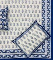 Ensemble de draps en coton biologique de qualité supérieure imprimé à la main en style bohème indien avec motif paisley bleu, écologique, 200 fils, taille super king